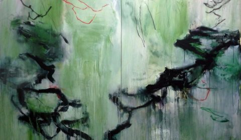 Malerei von Dieter Konsek wuchtige schwarze Linien überziehen zartgrünen Untergrund